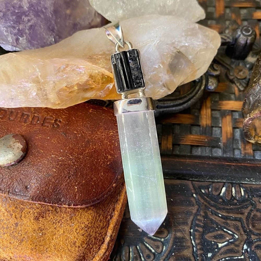 Selenite Point Divine Light & Black Tourmaline Rough  Sterling Silver Pendant